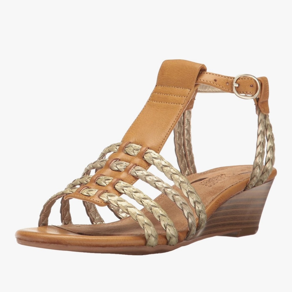 AEROSOLES Bittersweet Tan and Gold Braided Wedge Sandals. NWT. 7.5